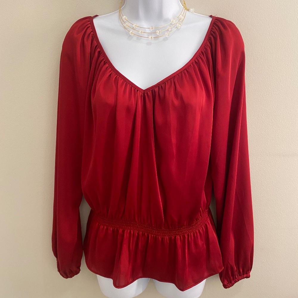 Michael Kors Silky Ruby Red V Neck Deep  Blouse Size S